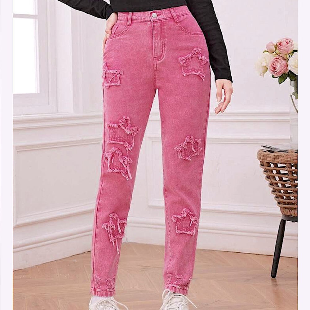 Pink Star Distressed Denim